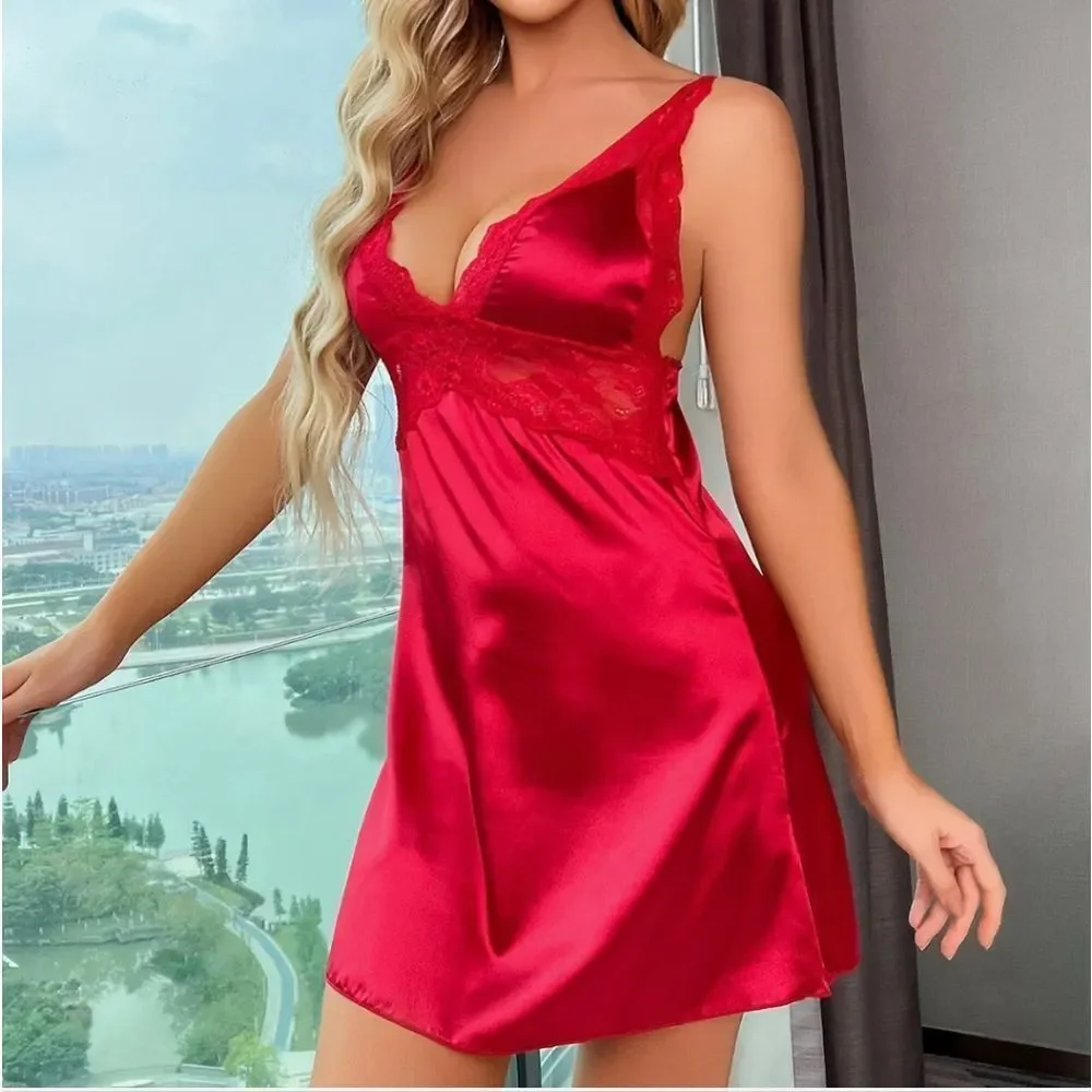 Babydoll Lingerie+Robe Set Women Satin Lace Bathrobe Long Sleeve Robe Nightgown
